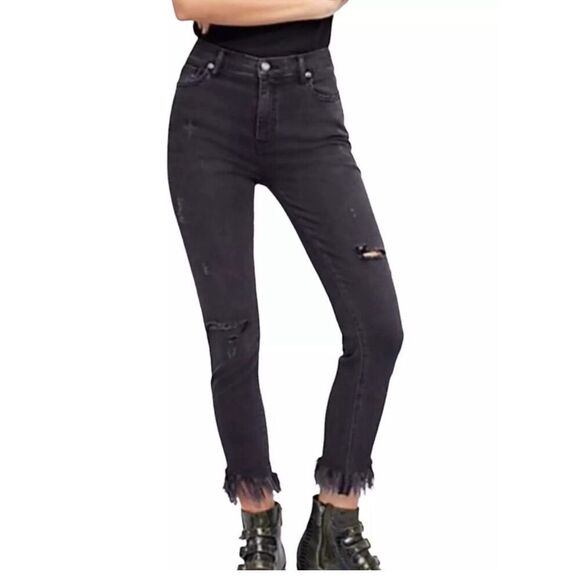 Free People Womens Great Heights Frayed Distressed Crop Skinny Jeans Black Sz 27 - Picture 1 of 11